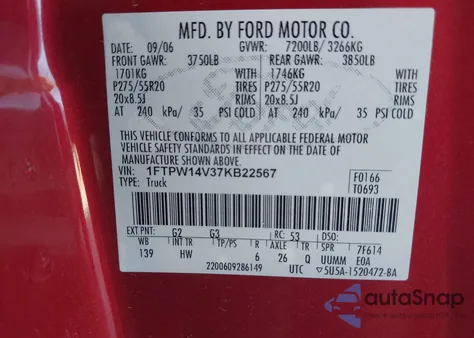 2007 Ford F-150 Fx4/Lariat/Xlt z USA, uszkodzony, nr VIN 1FTPW14V37KB22567